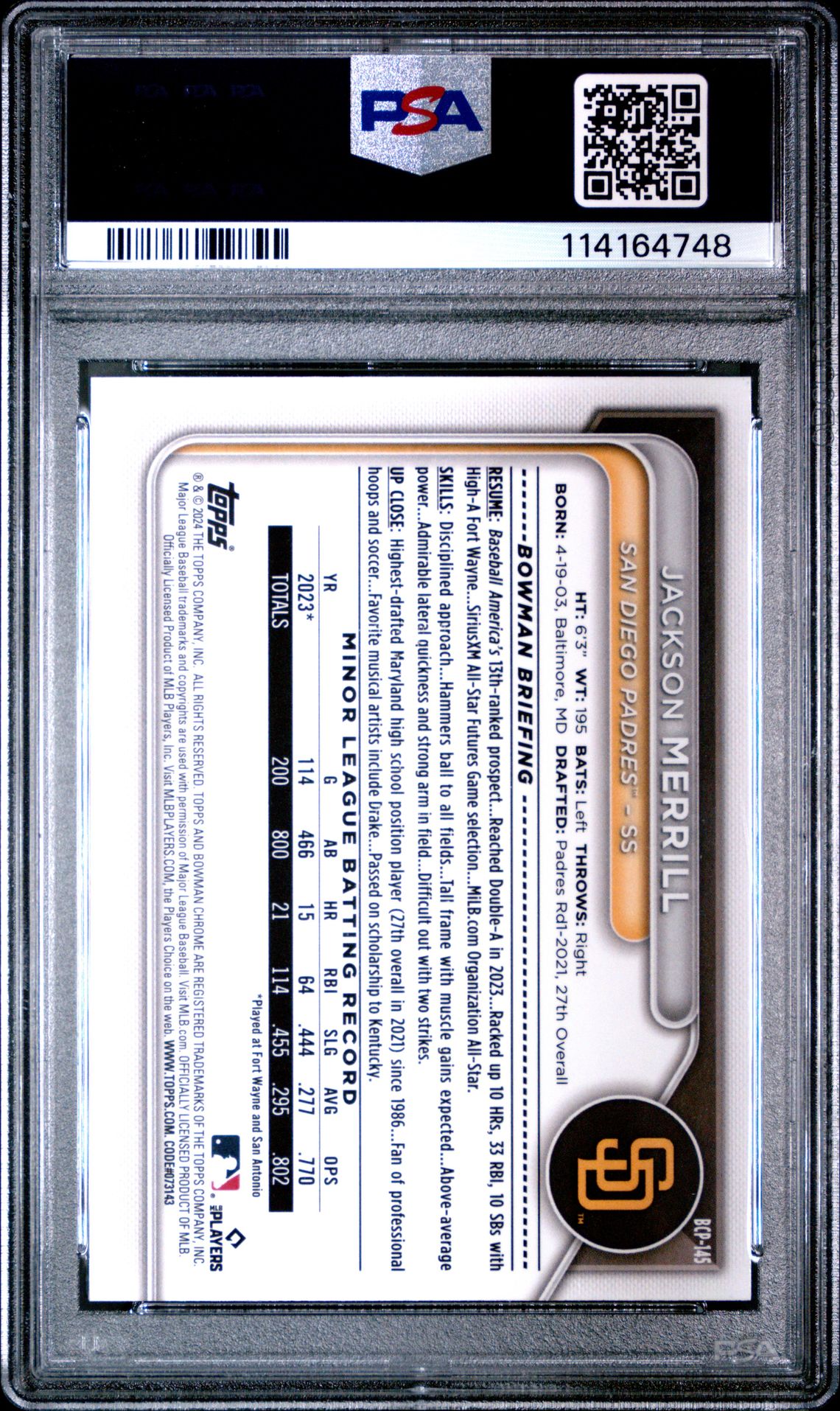 2024 Bowman Sapphire Edition Chrome Prospects Jackson Merrill #Bcp145 (Chrome Prospect) Mint 9 back