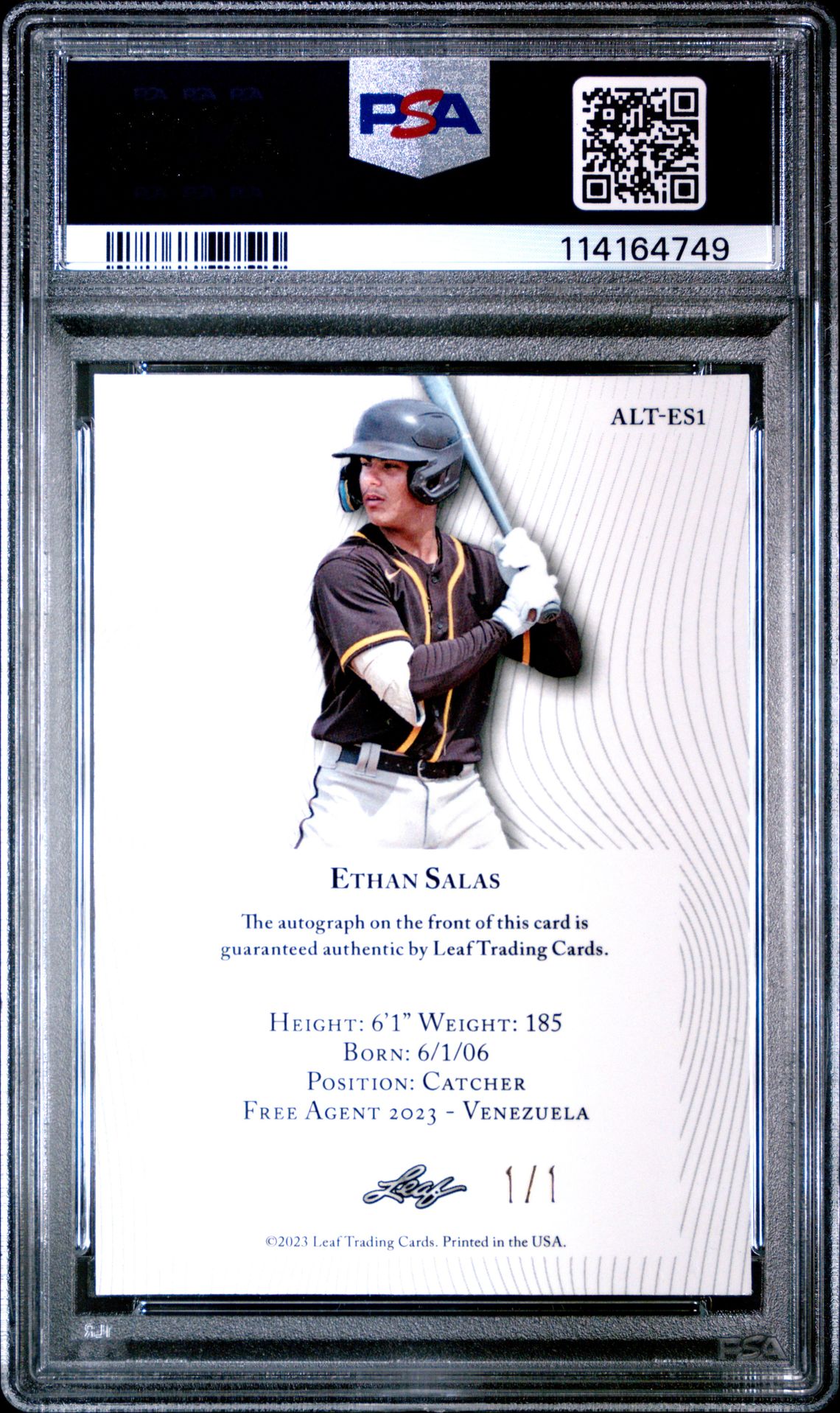 2023 Leaf Special Release Metal Autographs Ethan Salas #Es1 (Metal Au-Gold Prismatic 1/1) Mint 9 back
