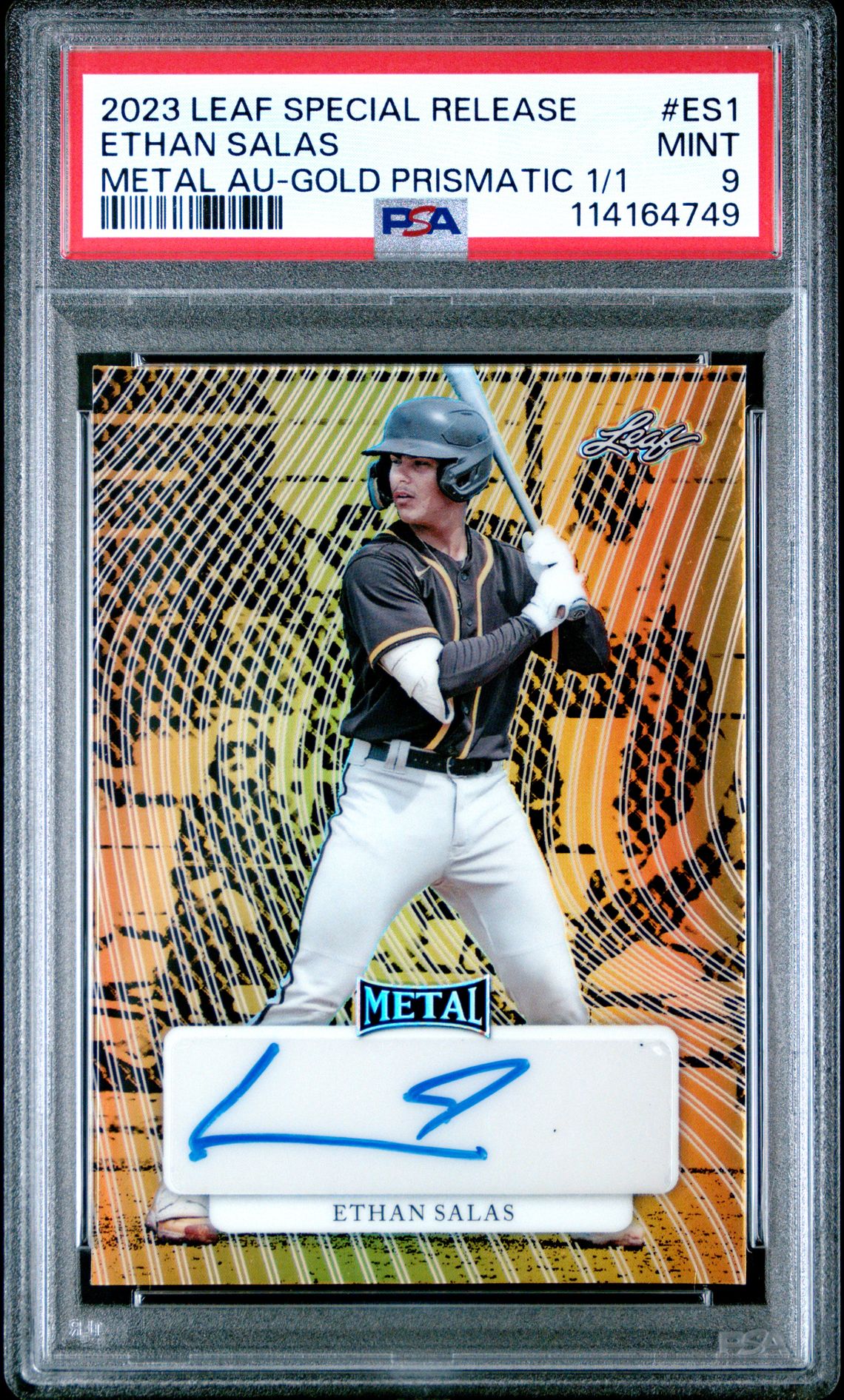 2023 Leaf Special Release Metal Autographs Ethan Salas #Es1 (Metal Au-Gold Prismatic 1/1) Mint 9 front
