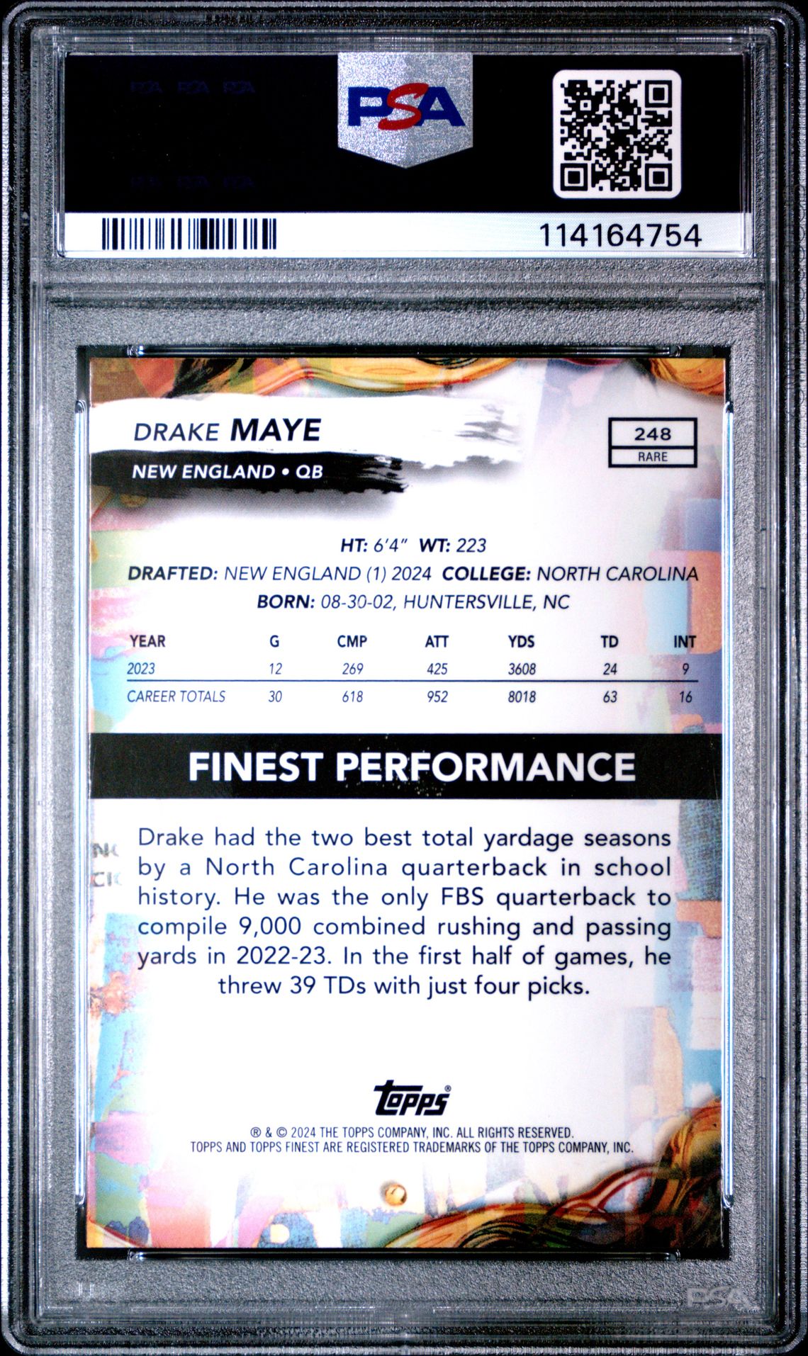 2024 Topps Finest Drake Maye #248 (Checkerboard) Mint 9 back