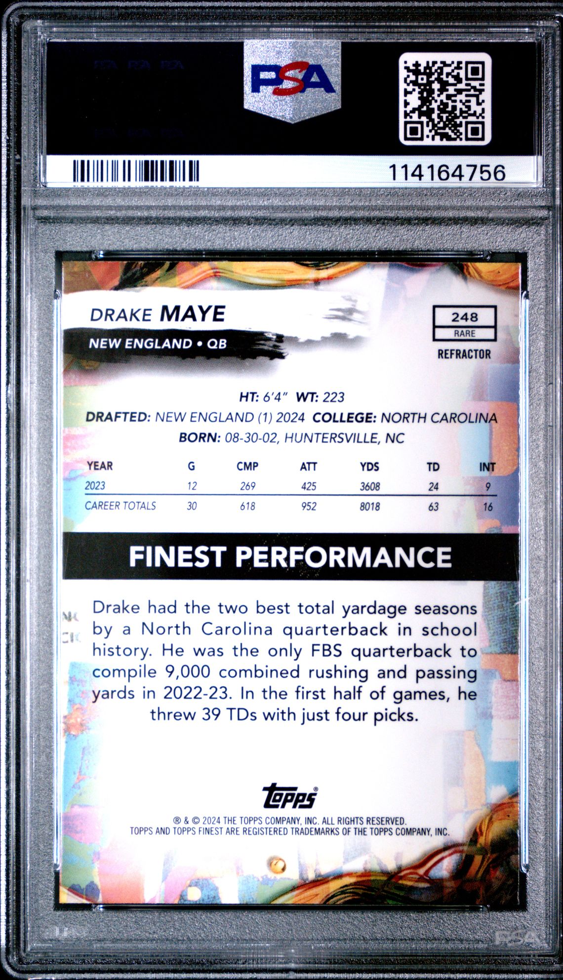 2024 Topps Finest Drake Maye #248 (Refractor) Gem Mt 10 back