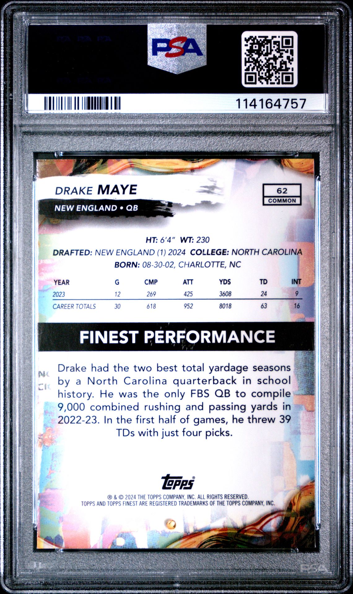 2024 Topps Finest Drake Maye #62 (Blue Checkerboard) Mint 9 back