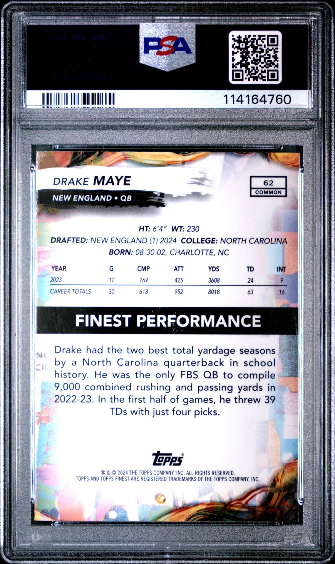 2024 Topps Finest Drake Maye #62 (Purple Refractor) Ex-Mt 6 back