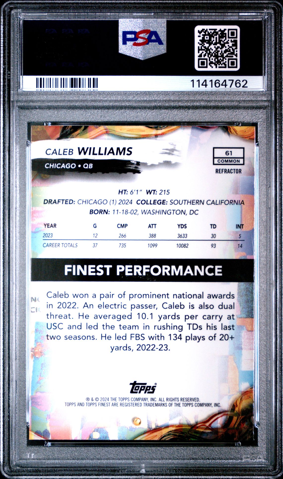 2024 Topps Finest Caleb Williams #61 (Refractor) Gem Mt 10 back