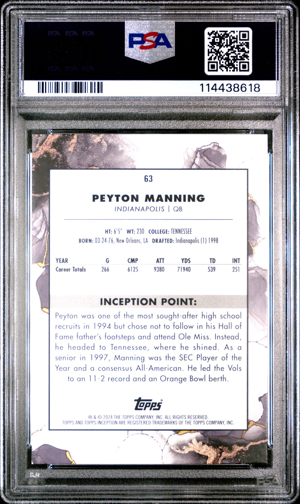 2024 Topps Inception Peyton Manning #63 (Purple) Gem Mt 10 back