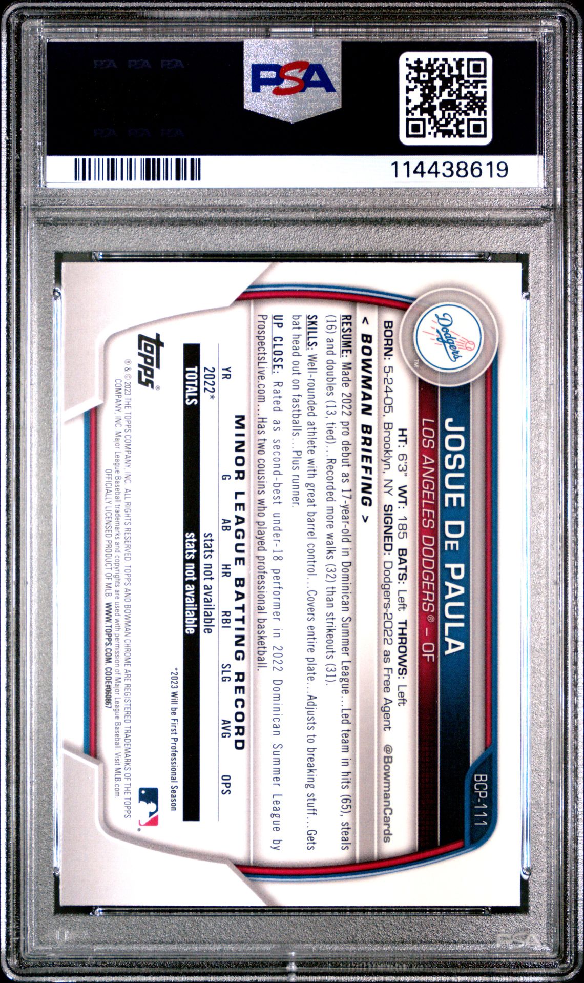 2023 Bowman Mega Box Chrome Josue De Paula #111 (Chrome) Gem Mt 10 back