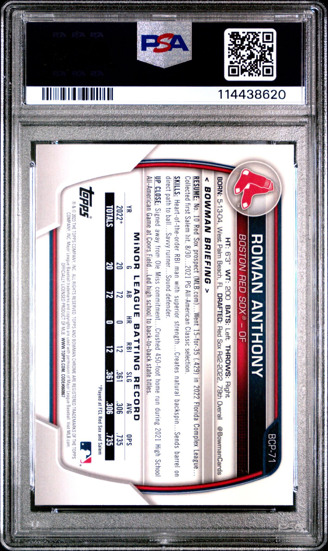 2023 Bowman Mega Box Chrome Roman Anthony #71 (Chrome) Gem Mt 10 back