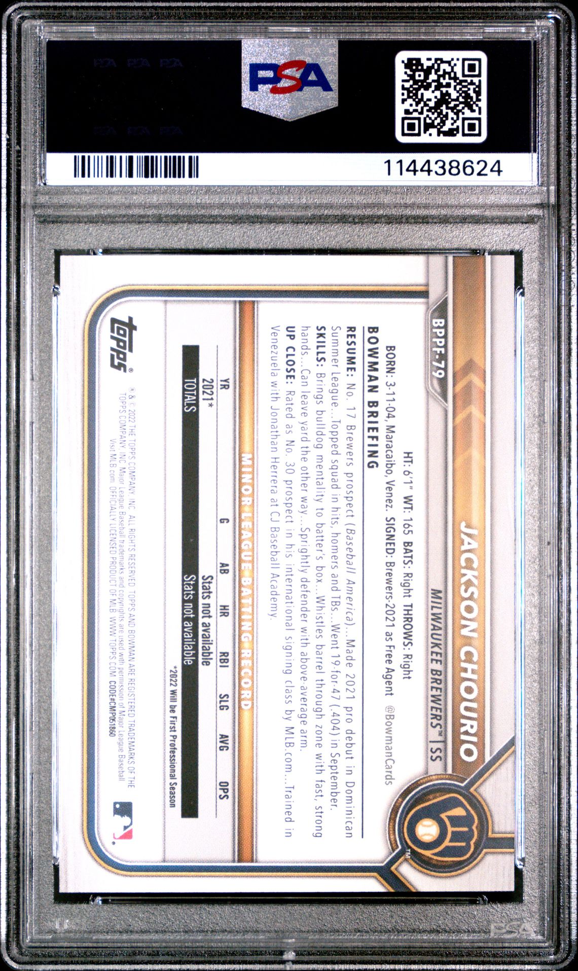 2022 Bowman 1St Edition Jackson Chourio #Bppf79 Mint 9 back