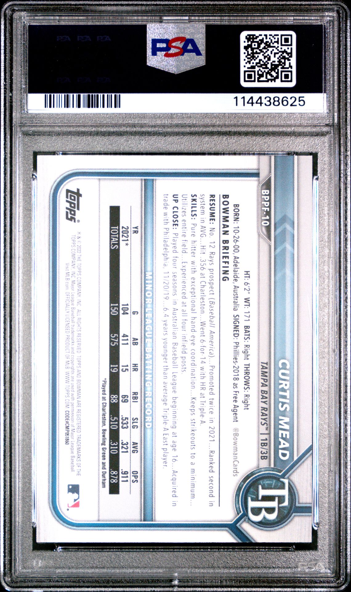 2022 Bowman 1St Edition Curtis Mead #Bppf10 Gem Mt 10 back