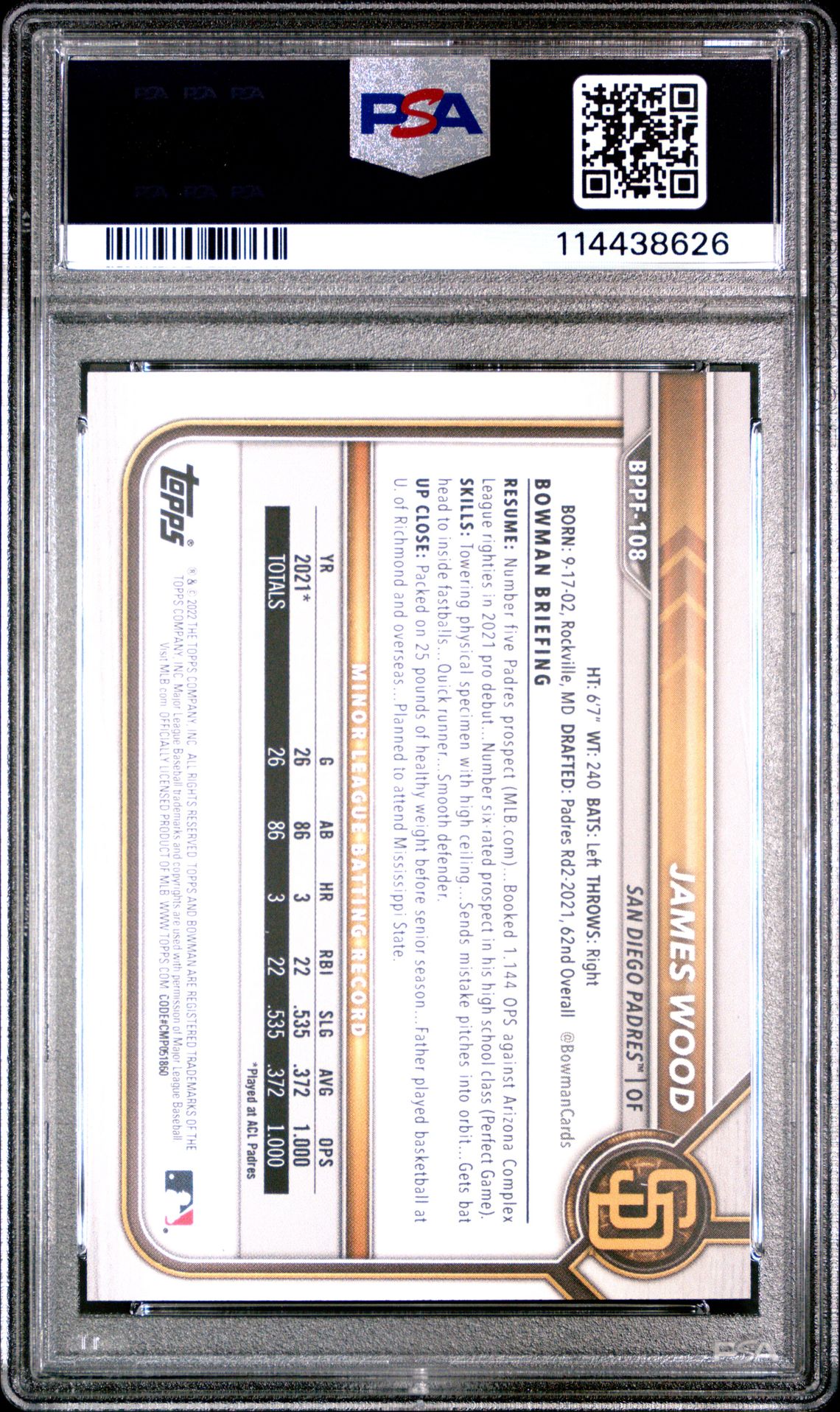 2022 Bowman 1St Edition James Wood #Bppf108 Nm-Mt 8 back