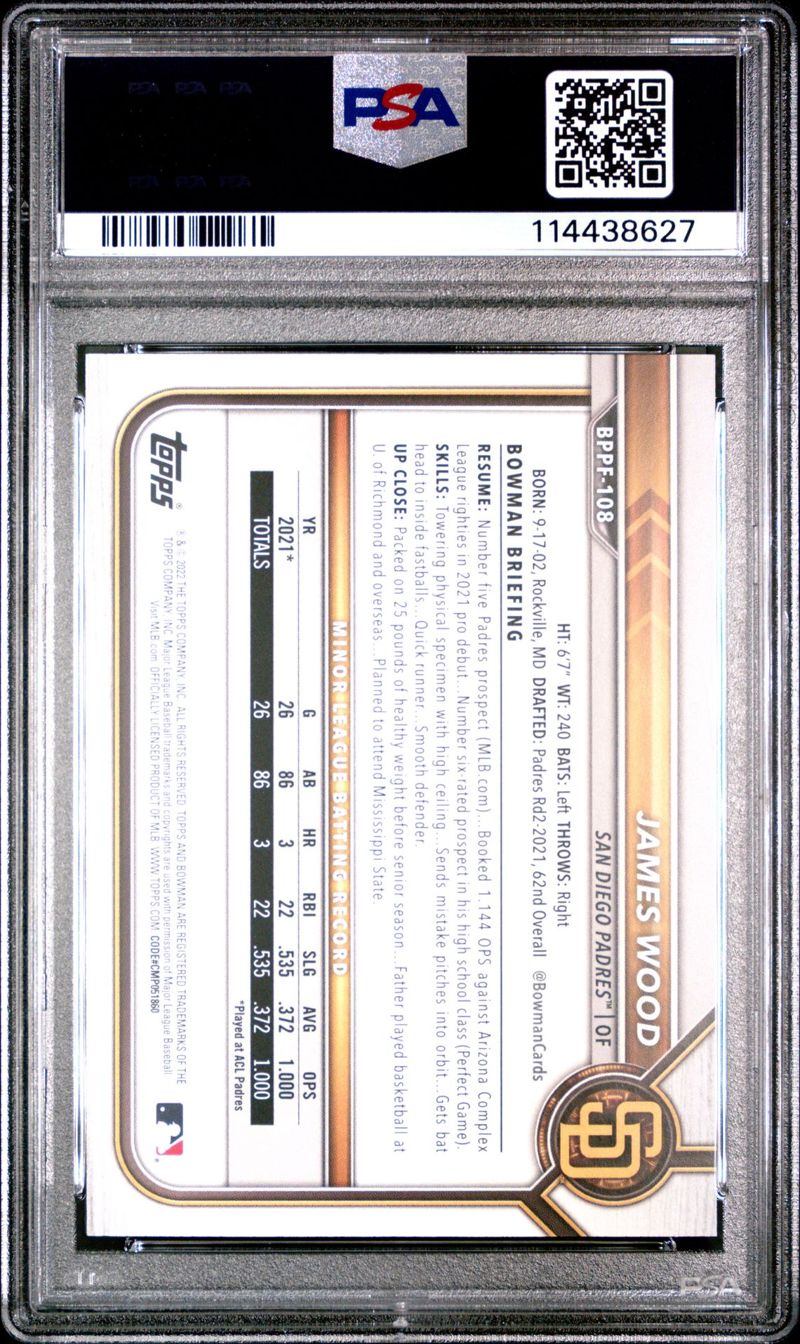 2022 Bowman 1St Edition James Wood #Bppf108 (Sky Blue Foil) Gem Mt 10 back