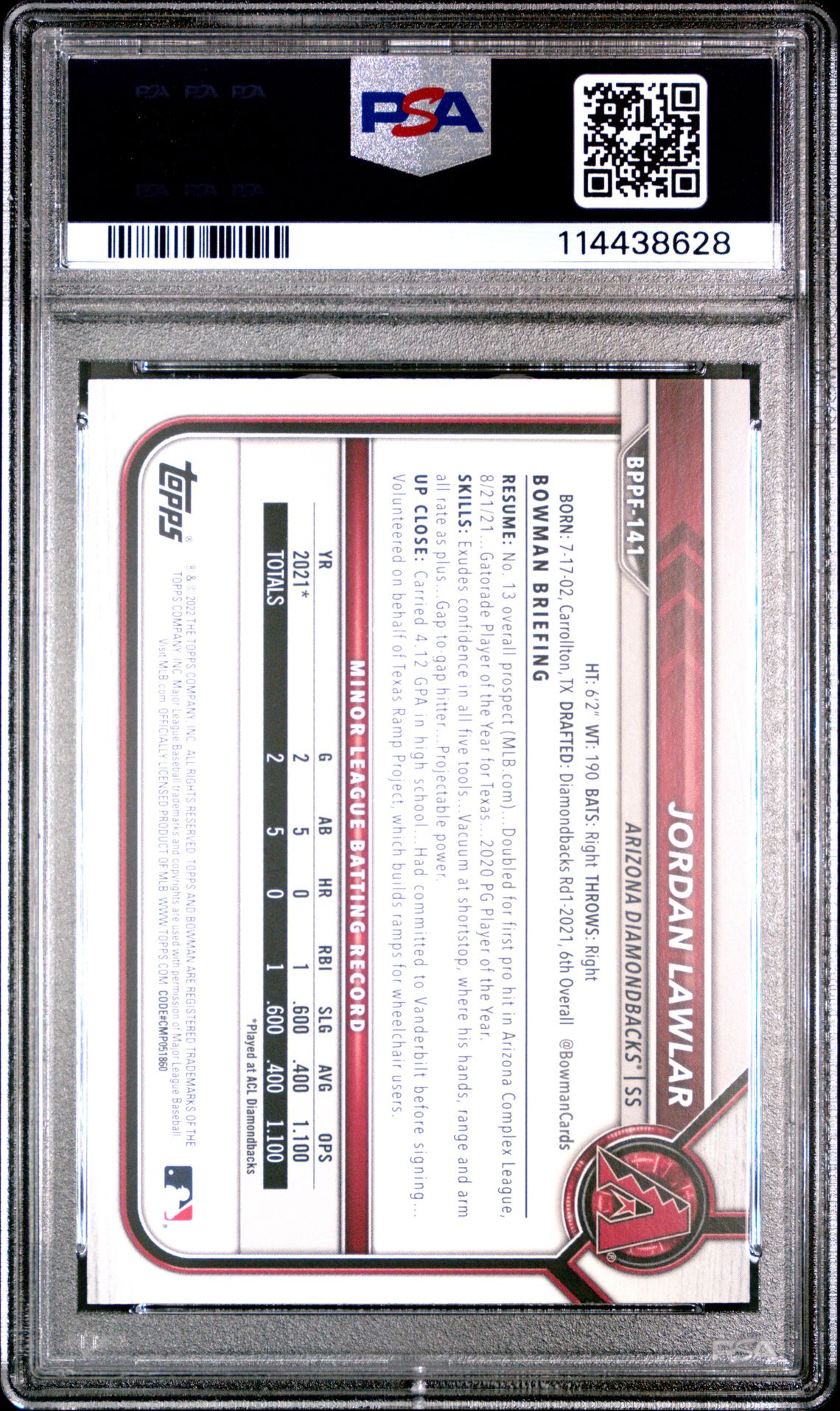 2022 Bowman 1St Edition Jordan Lawlar #Bppf141 (Blue Foil) Gem Mt 10 back