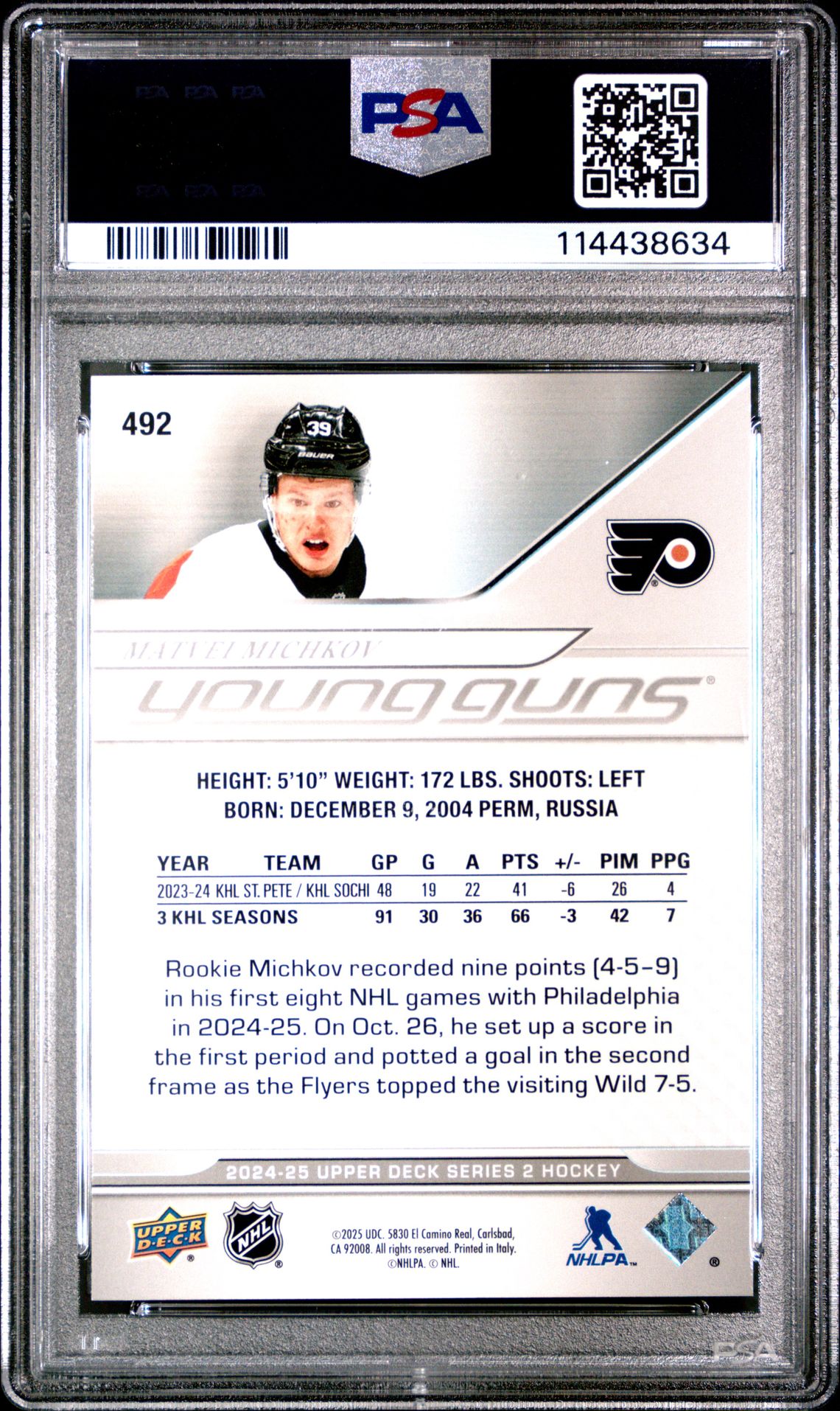 2024 Upper Deck Matvei Michkov #492 Mint 9 back