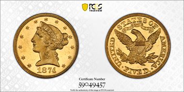 1874 $5 MS64PL