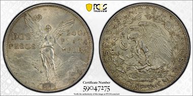 1921-Mo 2 Peso Centennial, 9 Tail F. KM-462  Ag MS62