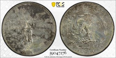 1921-Mo 2 Peso Centennial, 9 Tail F. KM-462  Ag AU50