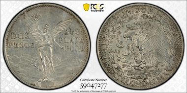 1921-Mo 2 Peso Centennial, 9 Tail F. KM-462  Ag N1
