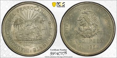 1950-Mo 5 Peso Southeastern Railroad KM-466  Ag N1