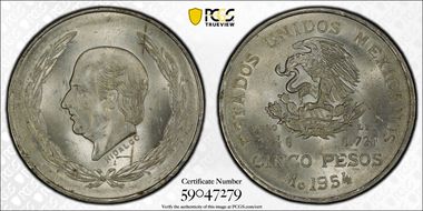 1954-Mo 5 Peso Hidalgo KM-467  Ag MS64