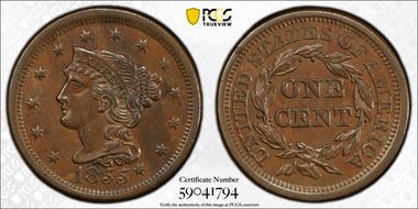 1855 1C Knob on Ear AU58BN