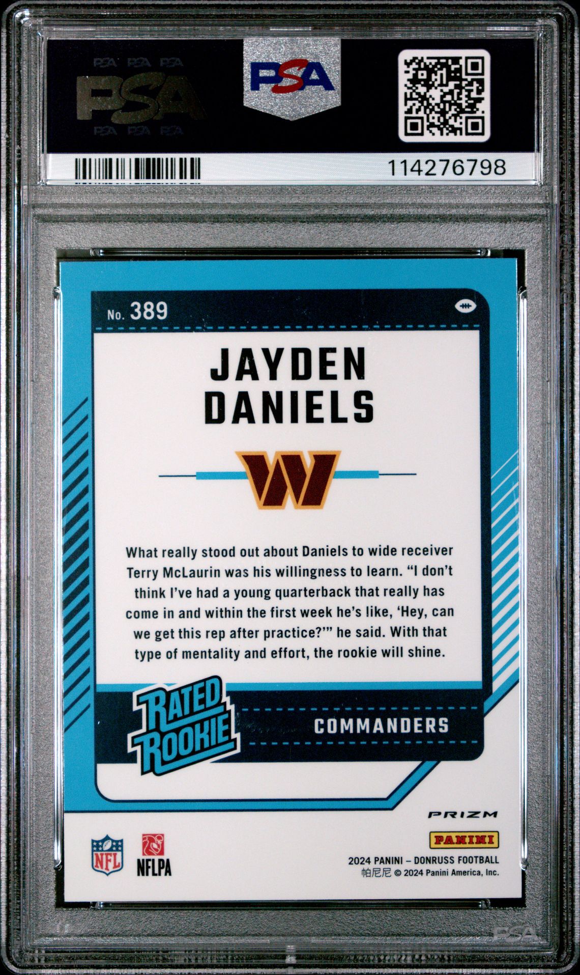 2024 Panini Donruss Jayden Daniels #389 (Optic Preview-Pink) Gem Mt 10 back