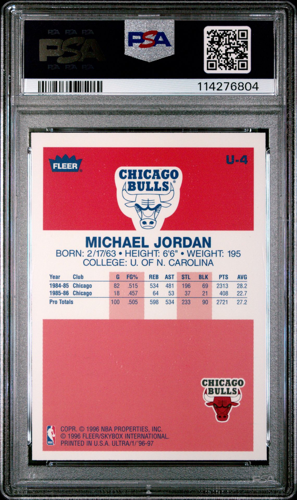 1996 Ultra Decade Of Excellence Michael Jordan #U-4 (Decade Of Excellence) Gem Mt 10 back