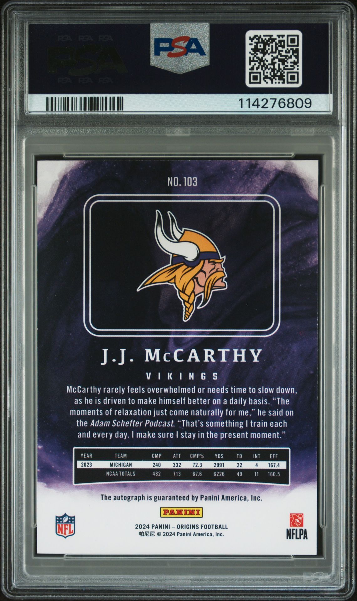 2024 Panini Origins Jj Mccarthy #103 (Signature) Mint 9 back