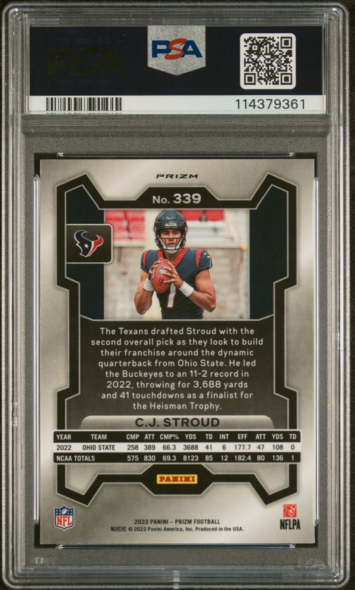 2023 Panini Prizm Cj Stroud #339 (Red/White/Blue Prizm) Gem Mt 10 back