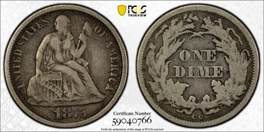 1875-CC 10C Mintmark Below Bow F15