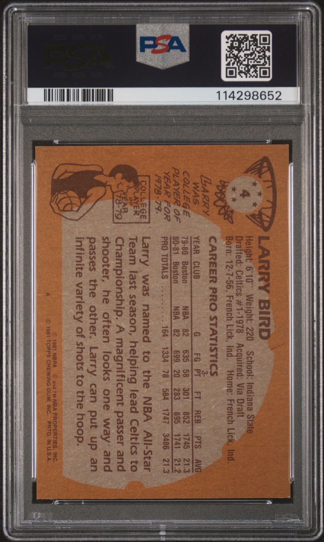 1981 Topps Larry Bird #4 Nm 7 back