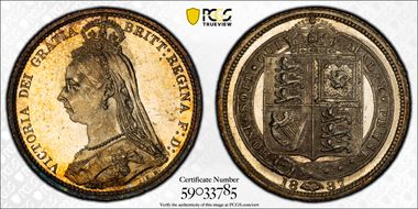 1887 6D S-3928 Shield Rev MS65