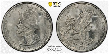 1953 Balboa Republic of Panama 50th Ann. MS65