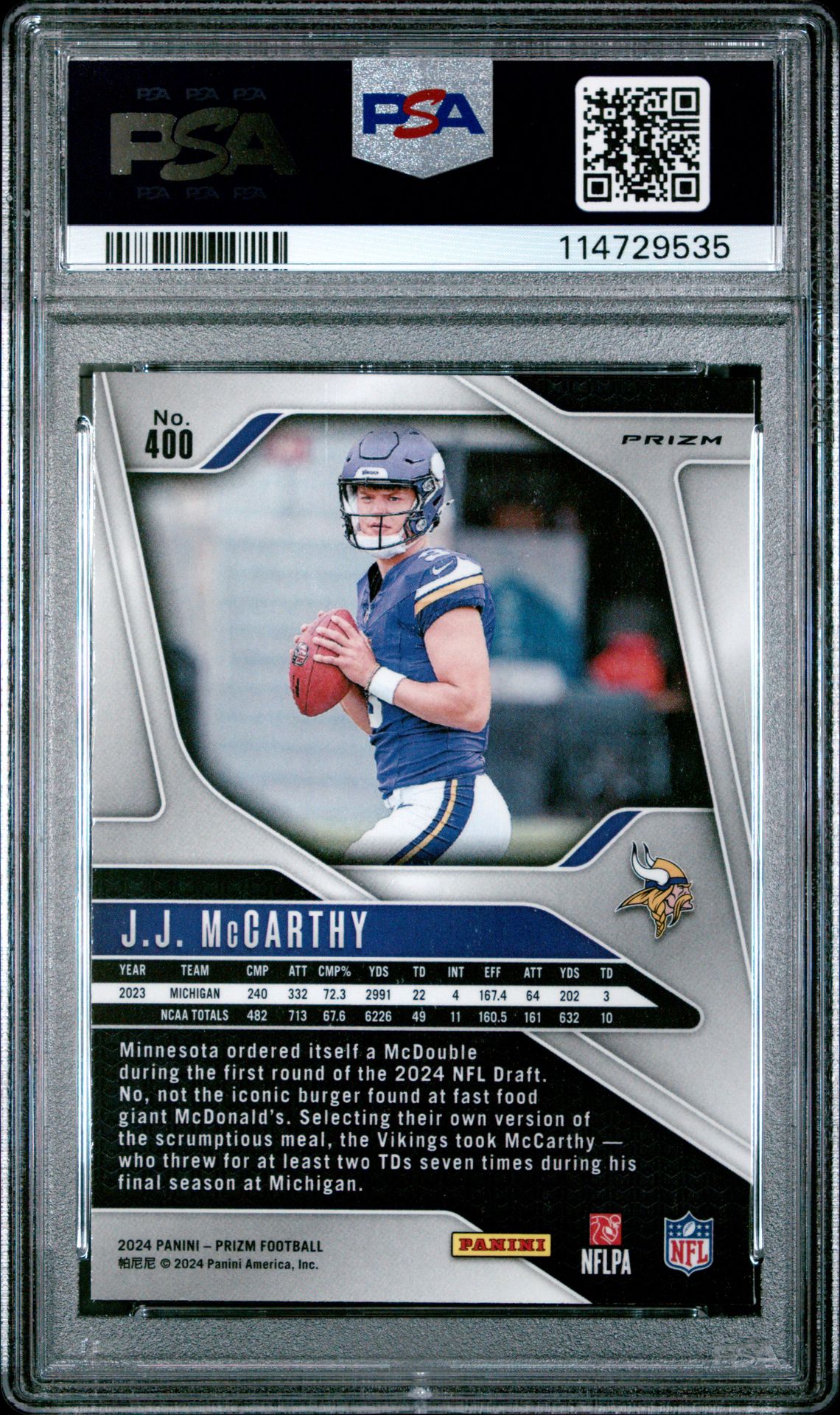 2024 Panini Prizm Jj Mccarthy #400 (Neon Green Pulsar) Mint 9 back
