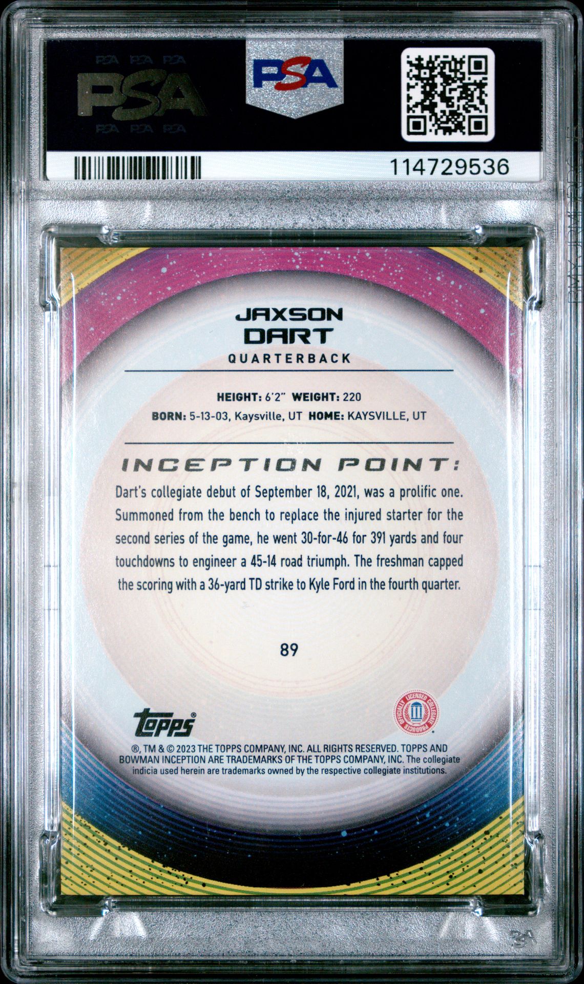 2022 Bowman University Inception Jaxson Dart #89 (Green Foil) Mint 9 back