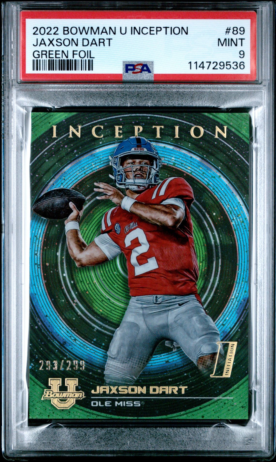 2022 Bowman University Inception Jaxson Dart #89 (Green Foil) Mint 9 front