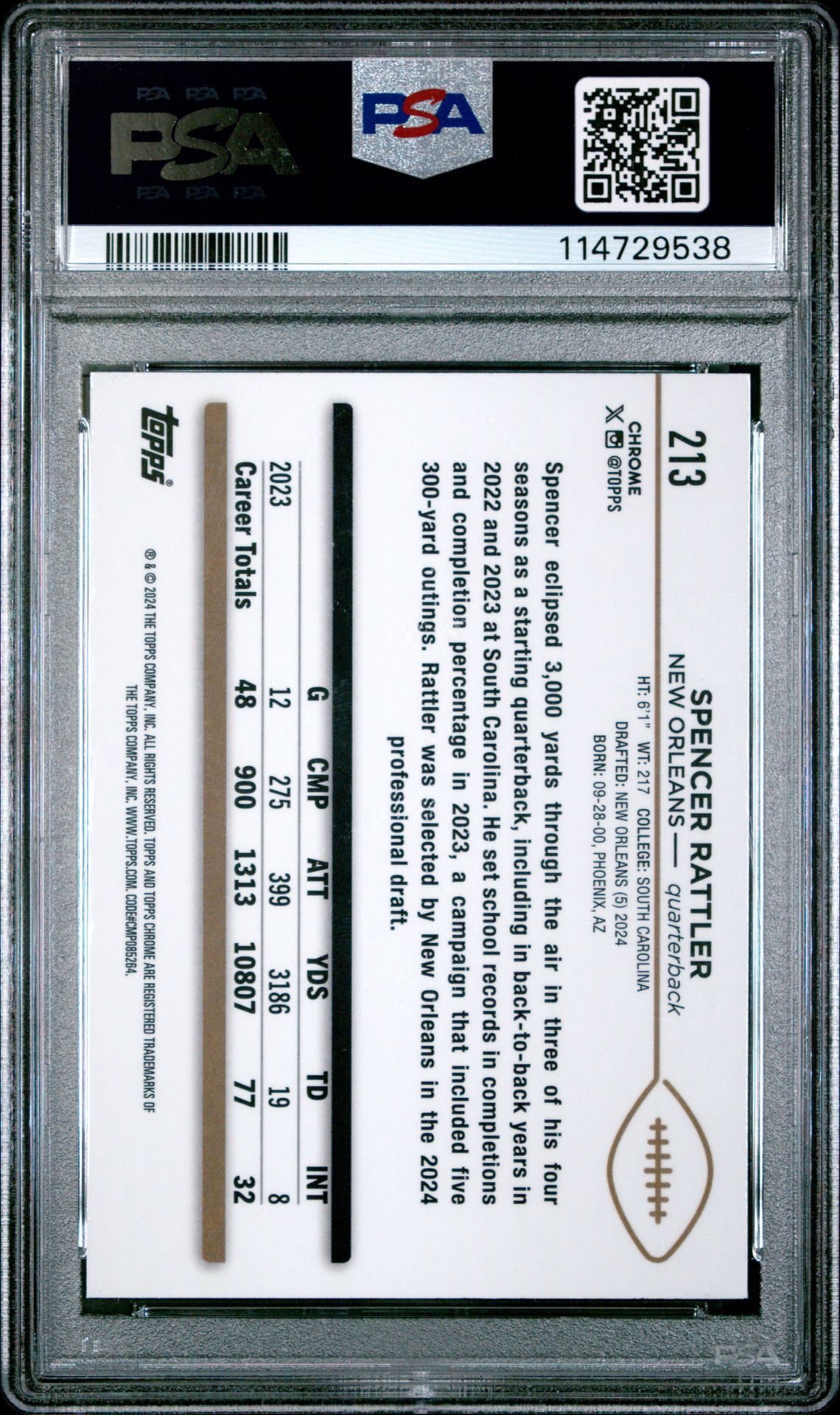 2024 Topps Chrome Sapphire Spencer Rattler #213 Gem Mt 10 back