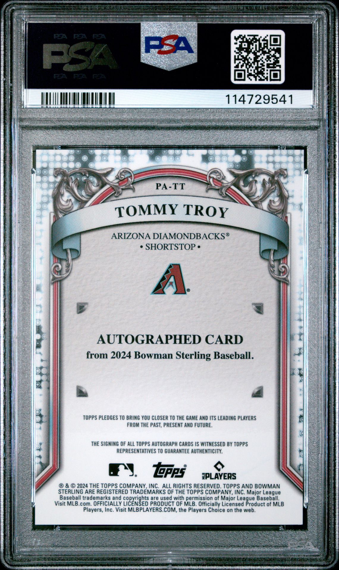 2024 Bowman Sterling Prospect Autographs Tommy Troy #Patt Gem Mt 10 back