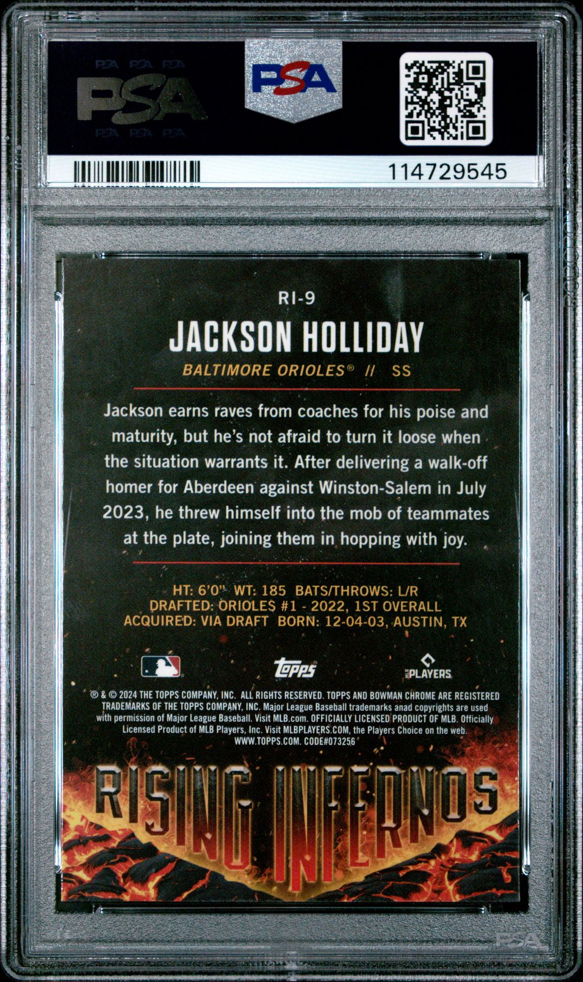 2024 Bowman Rising Infernos Jackson Holliday #Ri9 Gem Mt 10 back