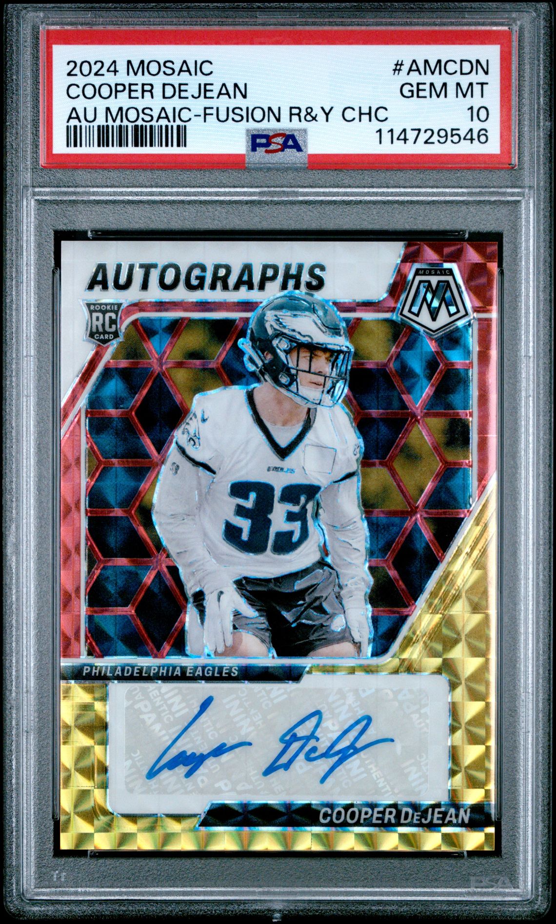 2024 Panini Mosaic Autographs Mosaic Cooper Dejean #Amcdn (Au Mosaic-Fusion R&Y Chc) Gem Mt 10 front