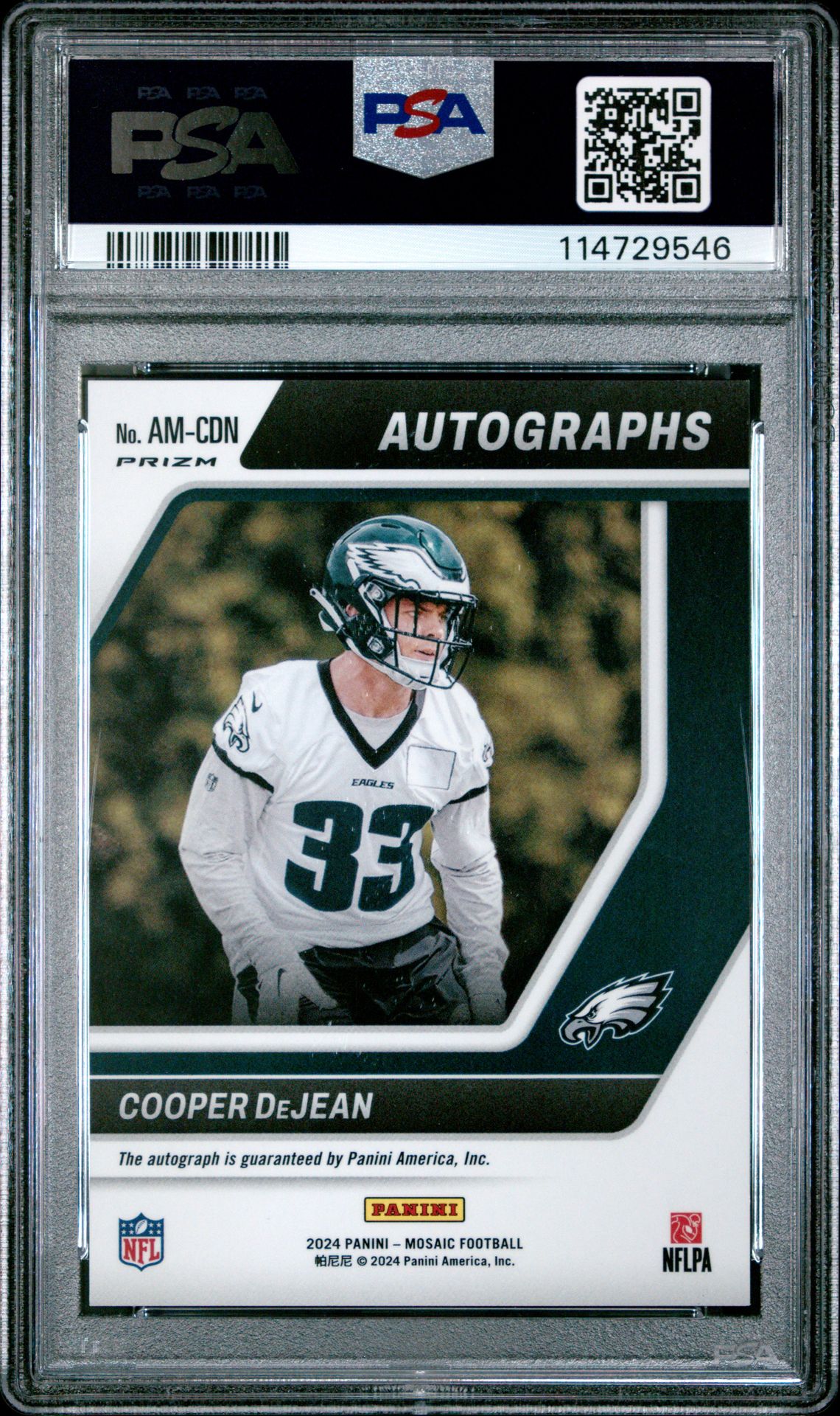 2024 Panini Mosaic Autographs Mosaic Cooper Dejean #Amcdn (Au Mosaic-Fusion R&Y Chc) Gem Mt 10 back