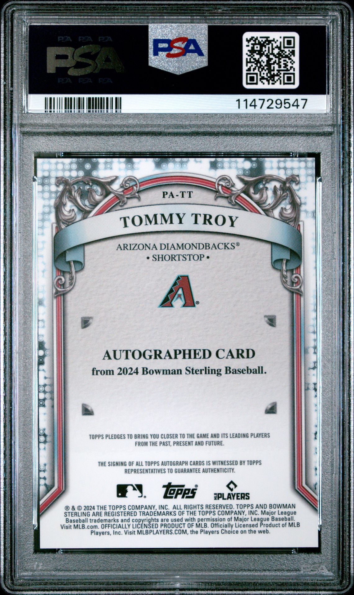 2024 Bowman Sterling Prospect Autographs Tommy Troy #Patt (Prospect Auto-Orange Ref) Gem Mt 10 back