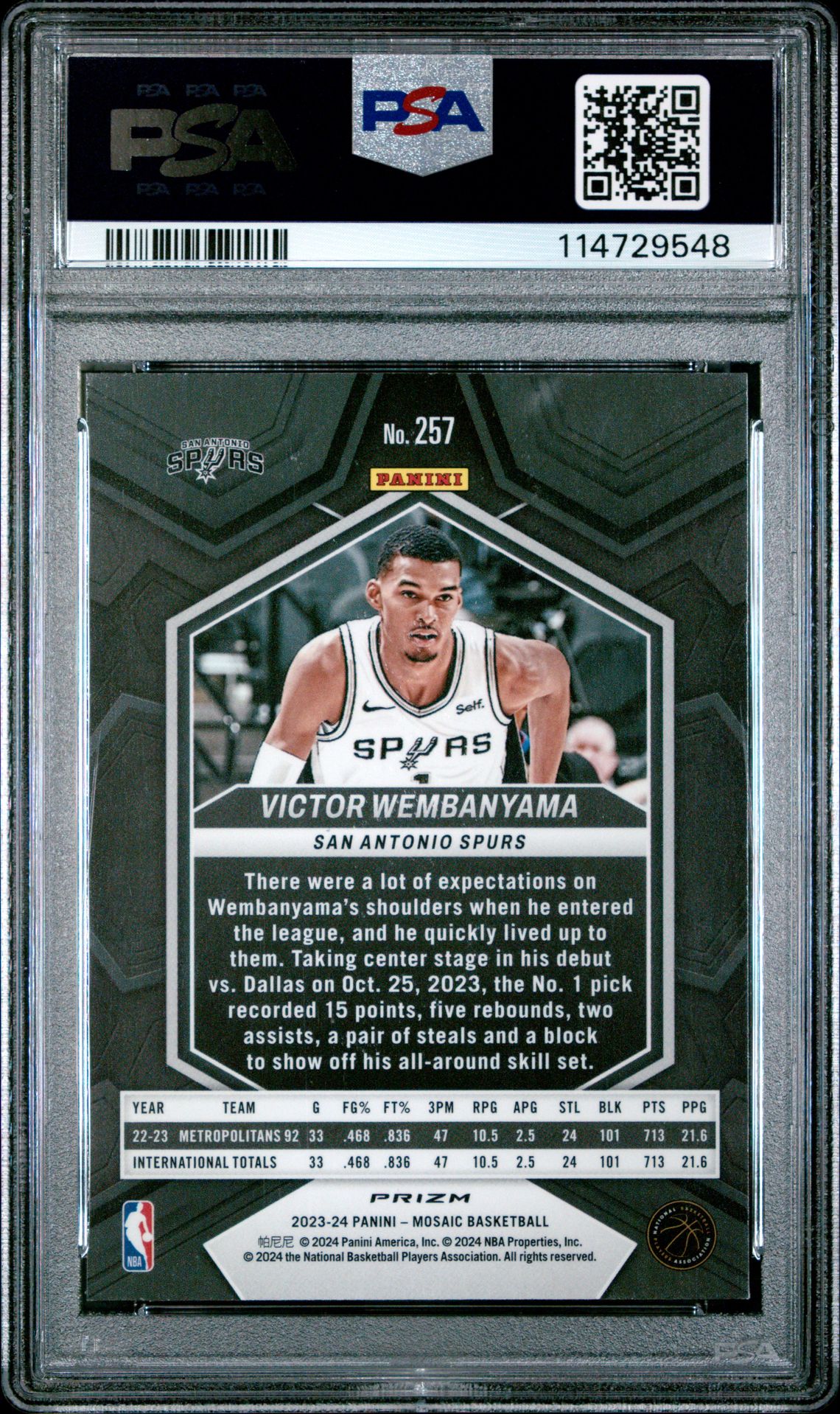 2023 Panini Mosaic Victor Wembanyama #257 (Genesis) Gem Mt 10 back