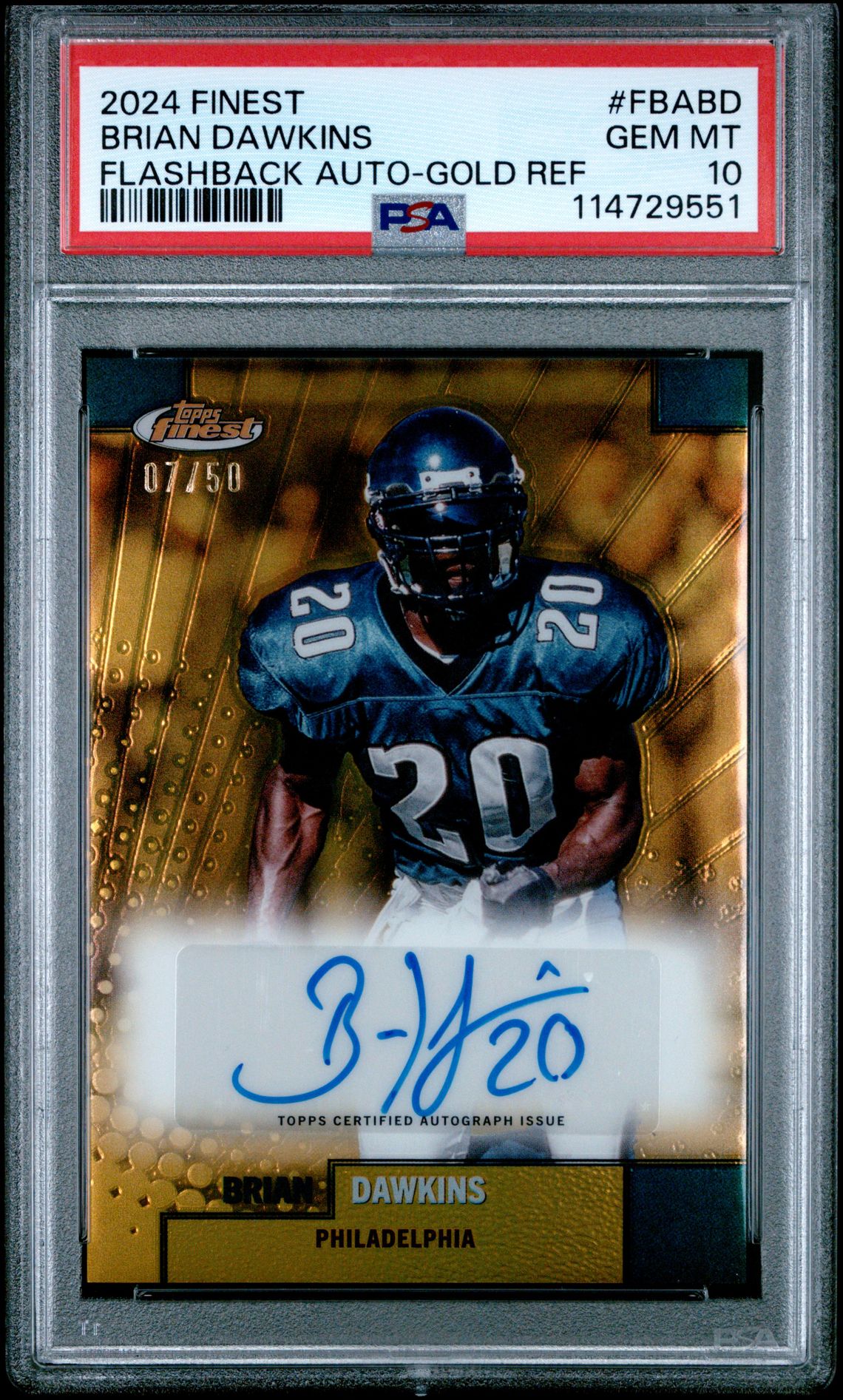 2024 Topps Finest Flashback Autographs Brian Dawkins #Fbabd (Flashback Auto-Gold Ref) Gem Mt 10 front
