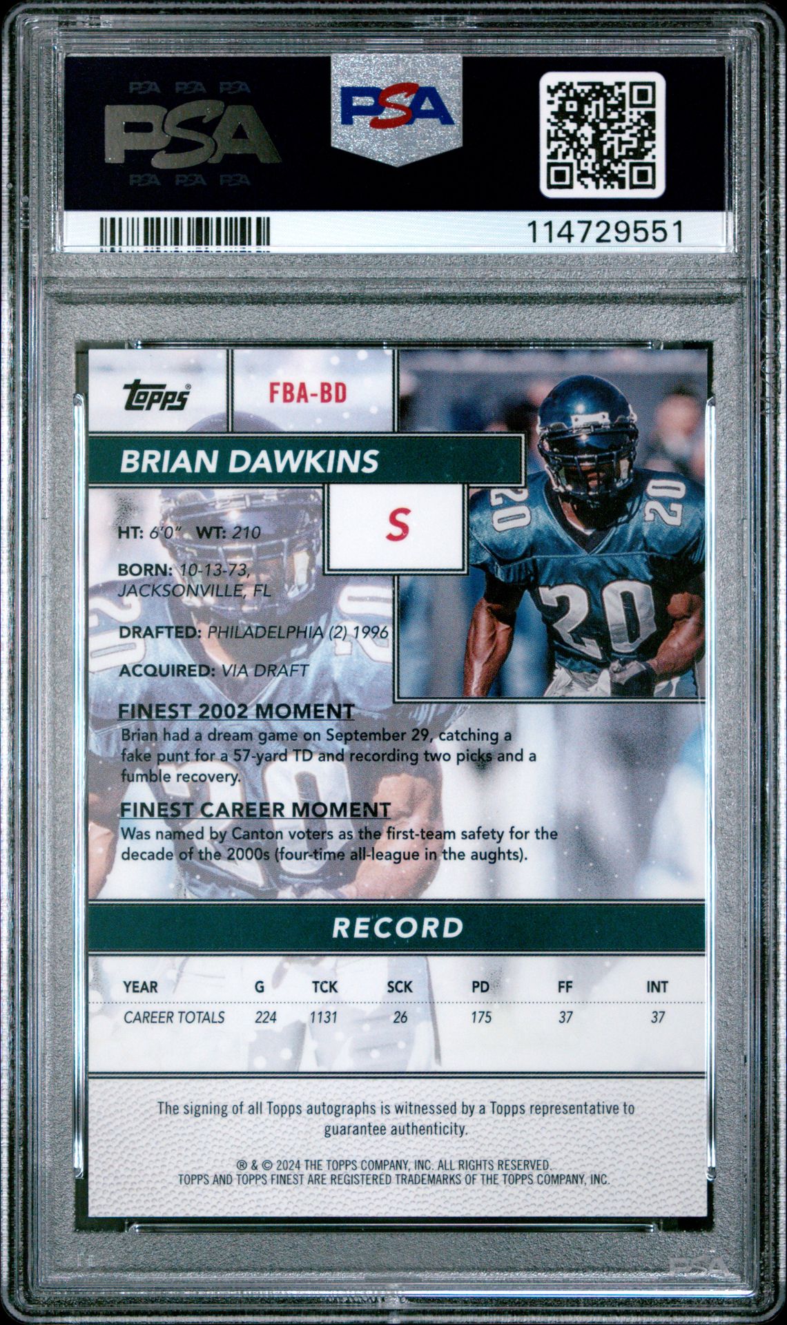 2024 Topps Finest Flashback Autographs Brian Dawkins #Fbabd (Flashback Auto-Gold Ref) Gem Mt 10 back