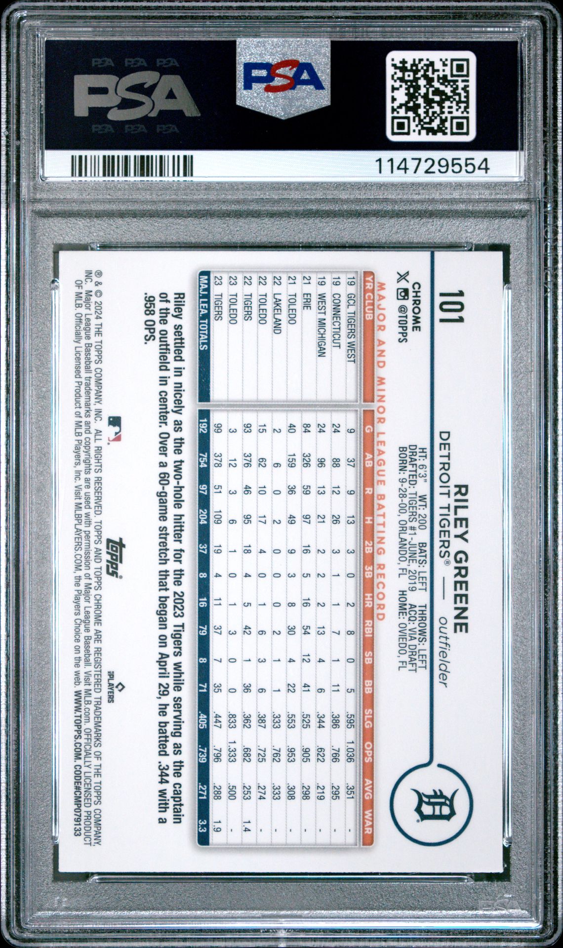 2024 Topps Chrome Logofractor Edition Riley Greene #101 (Orange Refractor) Mint 9 back