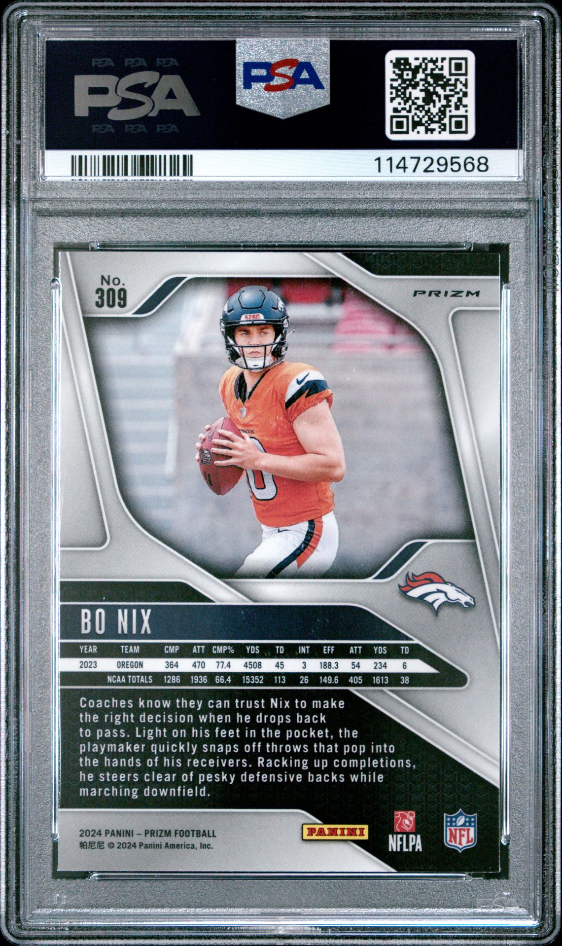 2024 Panini Prizm Bo Nix #309 (Green Wave) Gem Mt 10 back