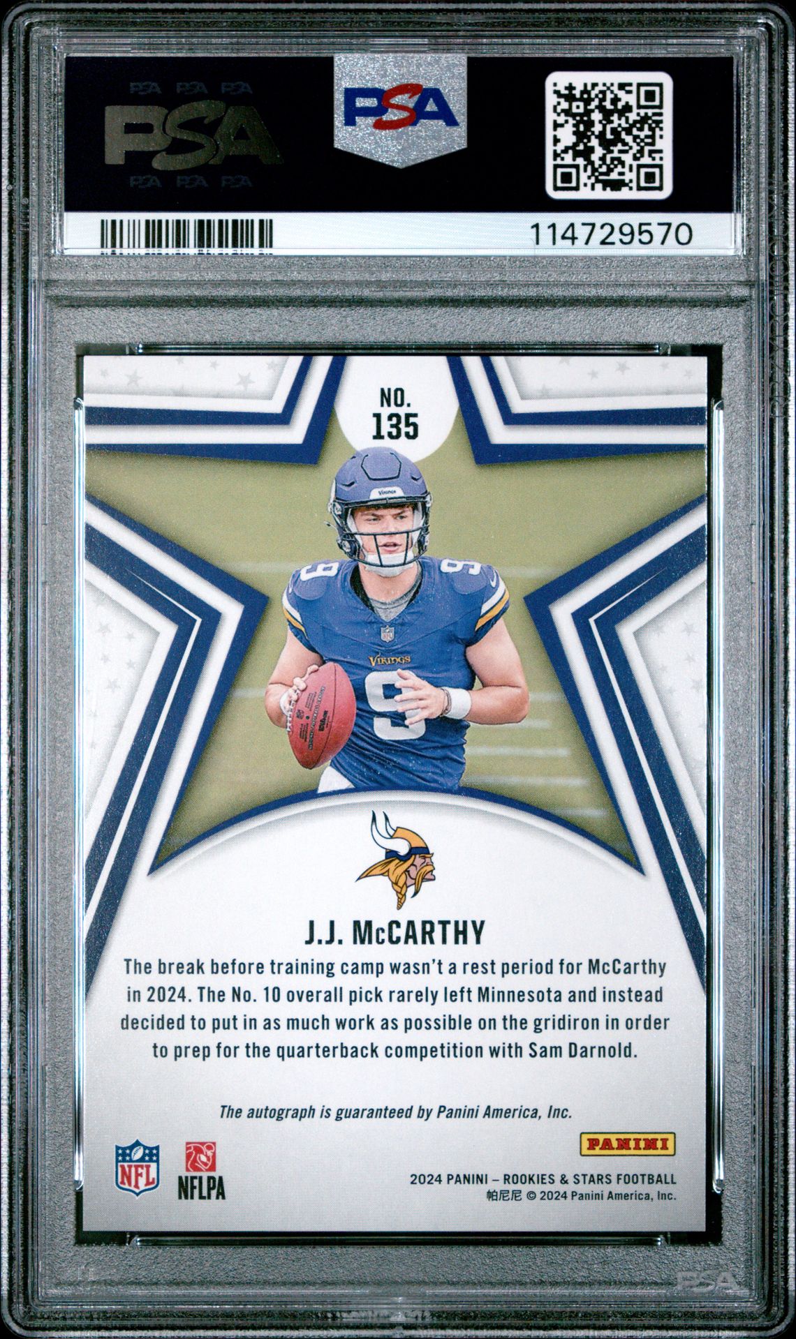 2024 Panini Rookies & Stars Jj Mccarthy #135 (Autograph) Gem Mt 10 back