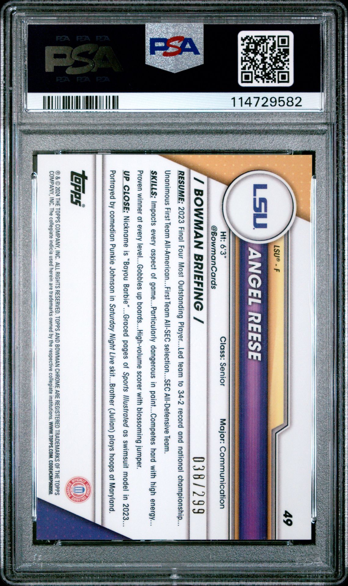 2023 Bowman University Chrome Angel Reese #49 (Aqua Wave) Gem Mt 10 back