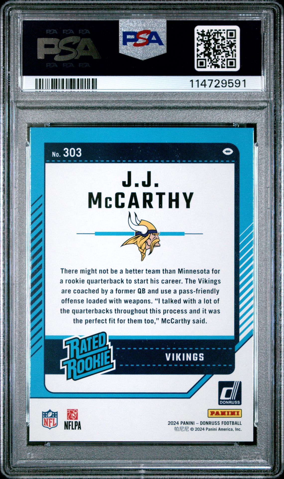 2024 Panini Donruss Jj Mccarthy #303 Gem Mt 10 back