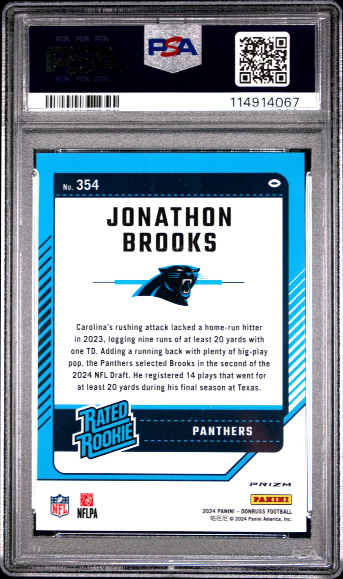 2024 Panini Donruss Jonathon Brooks #354 (Optic Preview-Football Emoji) Gem Mt 10 back